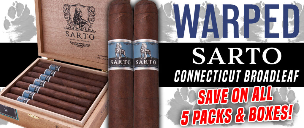 Displays a box of Warped Sarto Maduro Toro cigars, packaged in fourteen count boxes